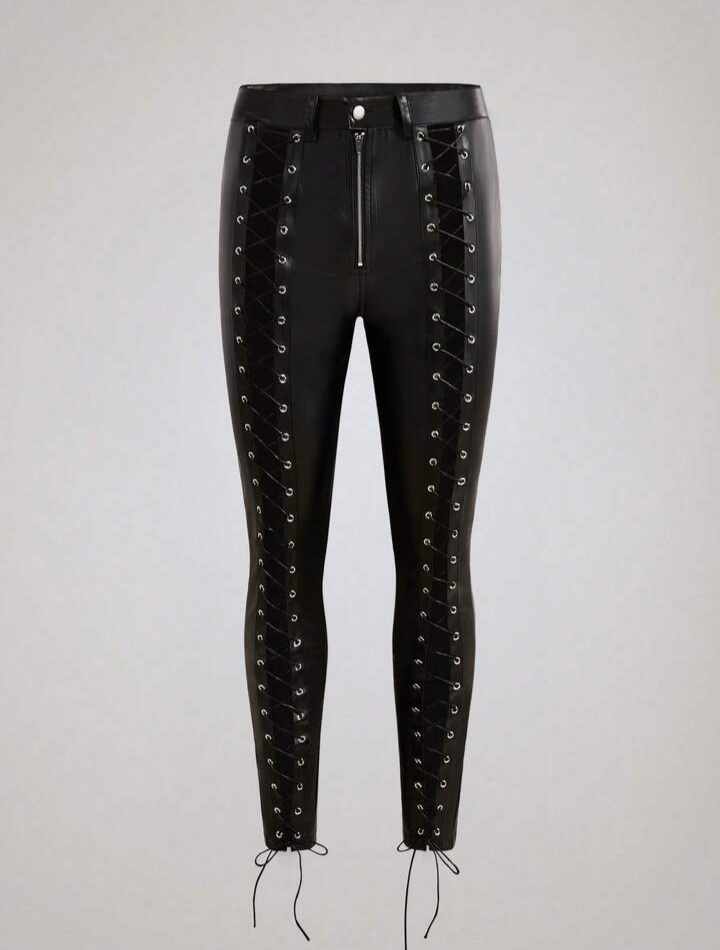 Men's Chicken Eye Lace-Up Design Zipper Front PU Leather Pants